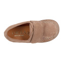 Suede leather Kids loafer shoes with hook and loop strap closure.