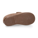 Suede leather Kids loafer shoes with hook and loop strap closure.