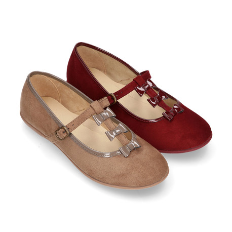 Autumn winter combined canvas Little Mary Janes with bows.