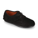 Black Kids Oxford shoes with fringes design and laces closure in suede leather.