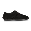 Black Kids Oxford shoes with fringes design and laces closure in suede leather.