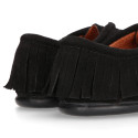 Black Kids Oxford shoes with fringes design and laces closure in suede leather.