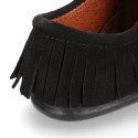 Black Kids Oxford shoes with fringes design and laces closure in suede leather.