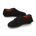 Black Kids Oxford shoes with fringes design and laces closure in suede leather.