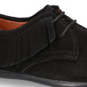 Black Kids Oxford shoes with fringes design and laces closure in suede leather.