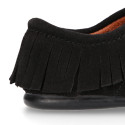 Black Kids Oxford shoes with fringes design and laces closure in suede leather.