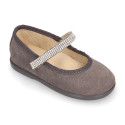 Suede leather Little Mary Janes with hook and loop strap and strass design.