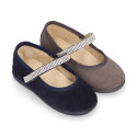 Suede leather Little Mary Janes with hook and loop strap and strass design.