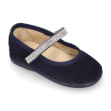 Suede leather Little Mary Janes with hook and loop strap and strass design.