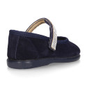 Suede leather Little Mary Janes with hook and loop strap and strass design.