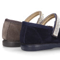 Suede leather Little Mary Janes with hook and loop strap and strass design.