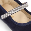 Suede leather Little Mary Janes with hook and loop strap and strass design.