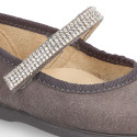 Suede leather Little Mary Janes with hook and loop strap and strass design.