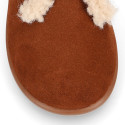 Kids suede leather little bootie with fake hair pipe design.