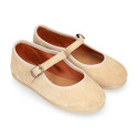 Suede leather Girl Mary Jane shoes marching Condor colors with buckle fastening..