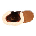 Kids suede leather boots with fur neck design in tan color.