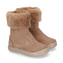 Kids suede leather boots with fur neck design in taupe color.