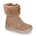 Kids suede leather boots with fur neck design in taupe color.