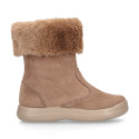 Kids suede leather boots with fur neck design in taupe color.