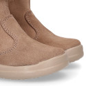 Kids suede leather boots with fur neck design in taupe color.