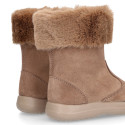 Kids suede leather boots with fur neck design in taupe color.