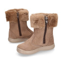 Kids suede leather boots with fur neck design in taupe color.