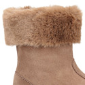 Kids suede leather boots with fur neck design in taupe color.
