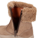 Kids suede leather boots with fur neck design in taupe color.