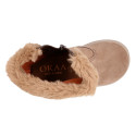 Kids suede leather boots with fur neck design in taupe color.