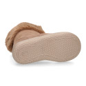 Kids suede leather boots with fur neck design in taupe color.