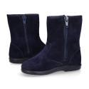 Deep blue suede leather girl boots with ribbon design.