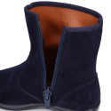 Deep blue suede leather girl boots with ribbon design.