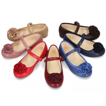 Printed autumn winter canvas little Mary Jane shoes with hook and loop strap and FLOWER detail.