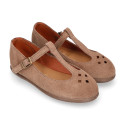 Suede leather T-Bar Girl Mary Jane shoes with buckle fastening and chopped design.
