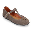 Suede leather T-Bar Girl Mary Jane shoes with buckle fastening and chopped design.