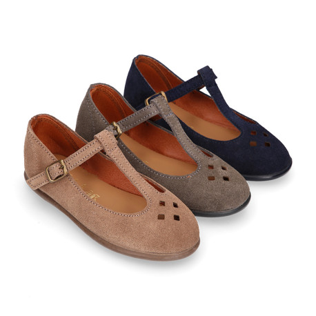 Suede leather T-Bar Girl Mary Jane shoes with buckle fastening and chopped design.