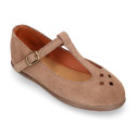 Suede leather T-Bar Girl Mary Jane shoes with buckle fastening and chopped design.