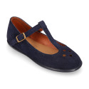 Suede leather T-Bar Girl Mary Jane shoes with buckle fastening and chopped design.