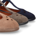 Suede leather T-Bar Girl Mary Jane shoes with buckle fastening and chopped design.