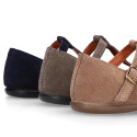 Suede leather T-Bar Girl Mary Jane shoes with buckle fastening and chopped design.
