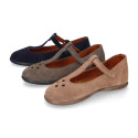 Suede leather T-Bar Girl Mary Jane shoes with buckle fastening and chopped design.