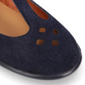 Suede leather T-Bar Girl Mary Jane shoes with buckle fastening and chopped design.