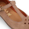 Suede leather T-Bar Girl Mary Jane shoes with buckle fastening and chopped design.