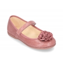 Printed autumn winter canvas little Mary Jane shoes with hook and loop strap and FLOWER detail.