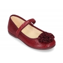 Printed autumn winter canvas little Mary Jane shoes with hook and loop strap and FLOWER detail.