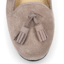 Suede leather Ballet flat shoes slipper style with tassels.