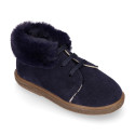 Suede leather kids ankle boot shoes with fake hair neck design.