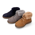 Suede leather kids ankle boot shoes with fake hair neck design.