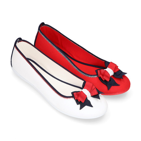 Cotton canvas ballet flat shoes, Casual style with bow.