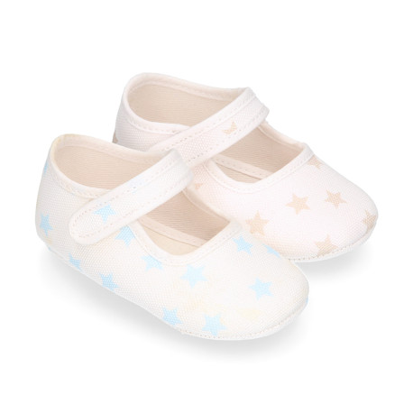 Cotton canvas little Mary Janes for babies and stars print design.